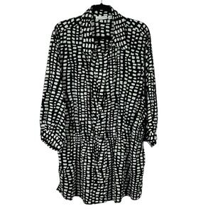 Susan Graver Geometric Long Sleeve Pockets Button Down Tunic Top 1X Black White
